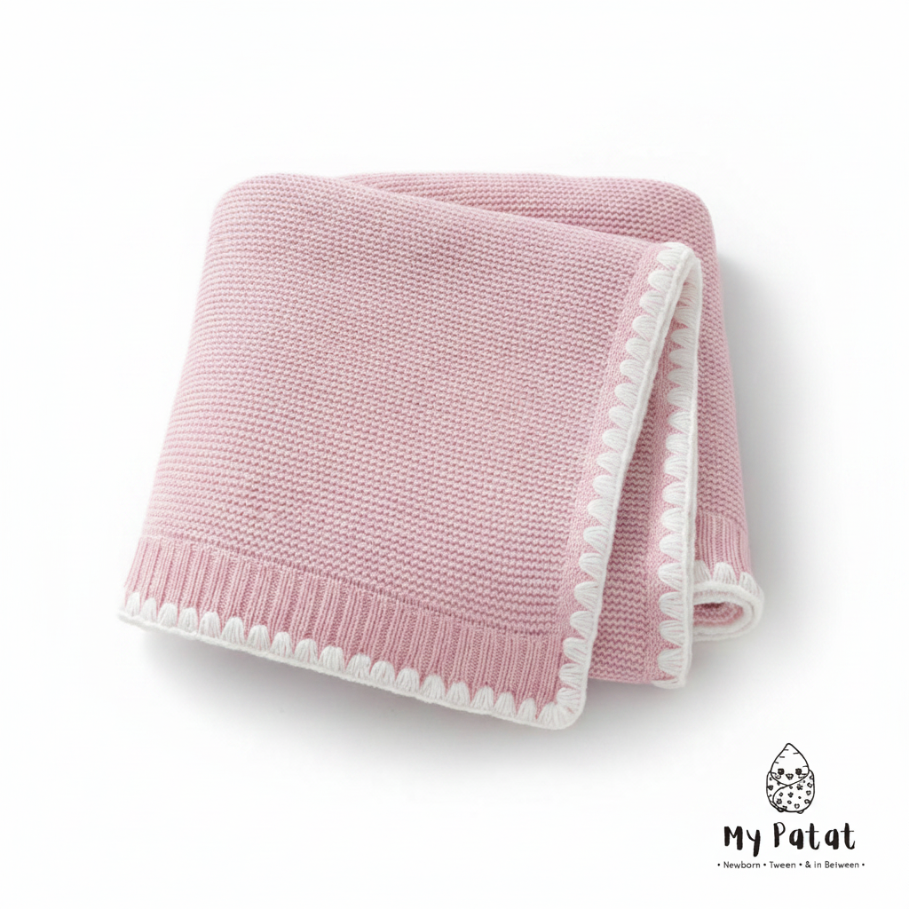 Pink knit baby blanket with white pom-pom trim